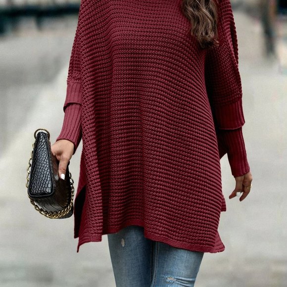 Red Preppy Womens Turtleneck Batwing Sleeve Poncho - Picture 4 of 5